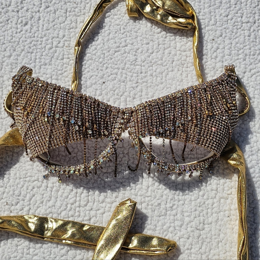 Gold Beaded Halter Rave Top - Picture 2 of 7